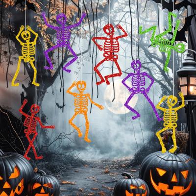 8 Pcs Colorful Hanging Skeleton Decoration Glitter Paper Skeleton Bunting Banner Backdrop for Indoor Outdoor Halloween Party Decor
