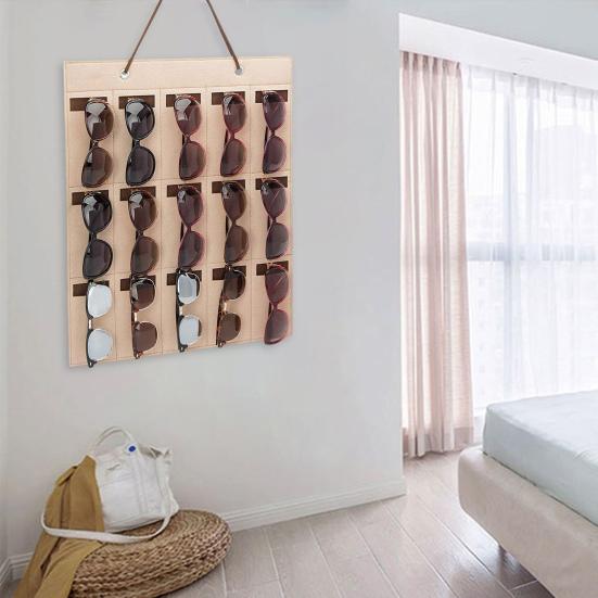 Sunglasses Organizer Bag Large Capacity Lanyard Design Multi-compartment Easy to Hang Save Space Felt 15 Grids Wall Hanging Eyeglass Display Bag