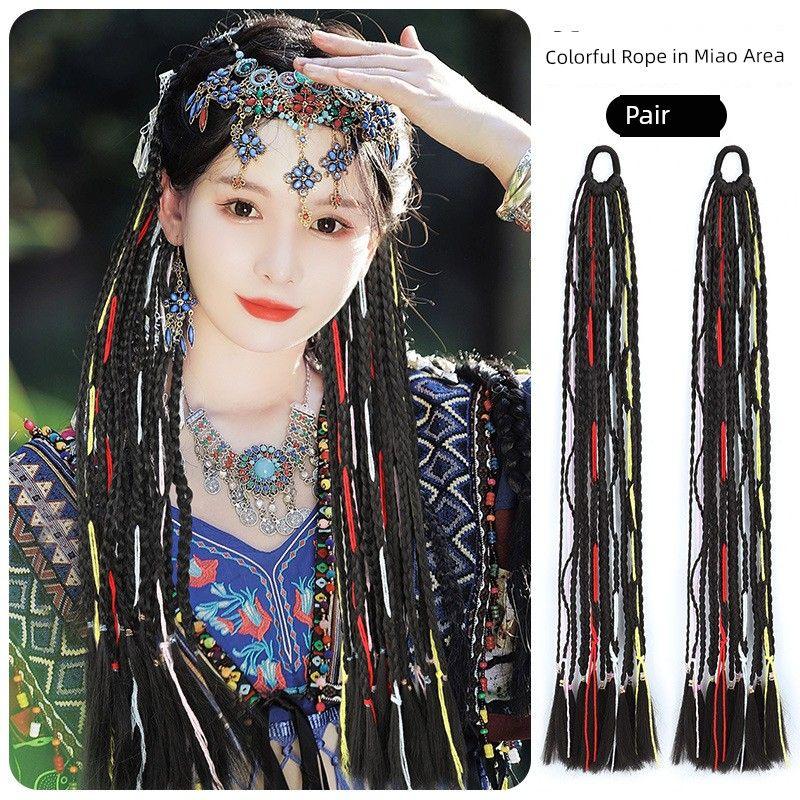 False Braids Children's Miao' S Ethnic Style Cable Stitch Long Braid Tibetan Style Color Small Braid Silver String Dreadlocks Pair Ponytail Wig