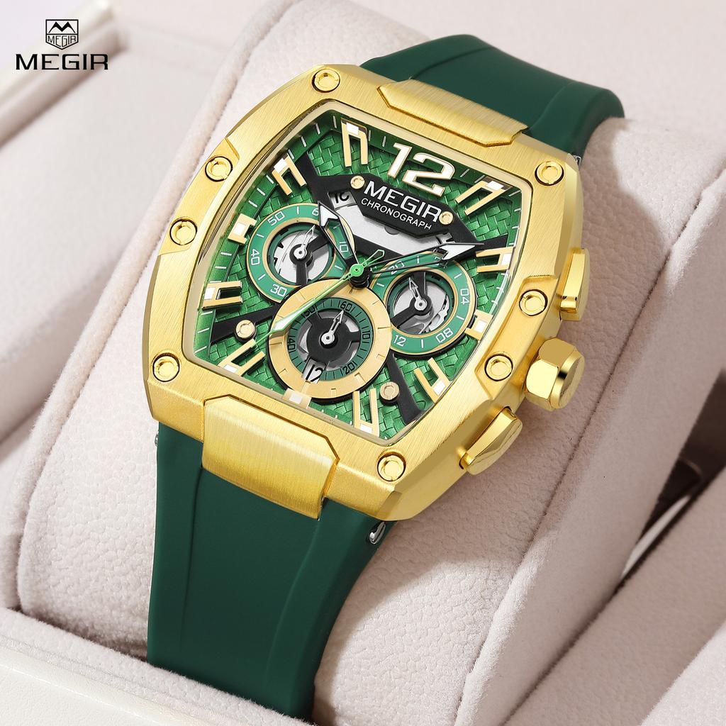 Quartz Watch Fashion Creative Luminous Date Chronograph Analog Display Green Silicone Strap Wrist Watches for Men