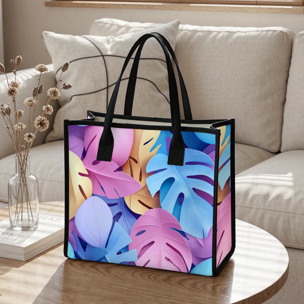 Trendy Tropical Leaf Printed Tote Bag Casual Large Capacity Reusable Daily Shoulder Bag for Women