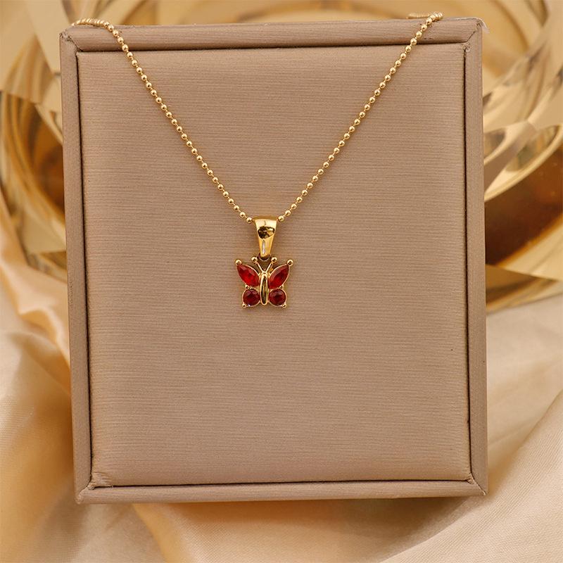 Retro Commuter Christmas Necklace: 18K Plated Titanium Steel with Zircon Inlaid Colorful Butterfly Pendant for Women