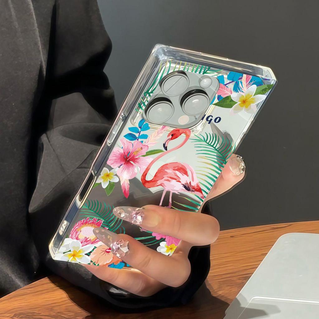 Clear Square Back Tube Case Protection For iPhone 13 14 Pro Max 15 Plus 11 16 ProMax 12 Anti-Oxygen,Flamingos Pattern Casing