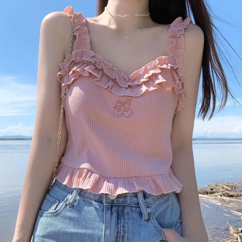 

Розовый корейский стиль Kawaii жилет в стиле Лолиты женский белый японский милый милый топ на бретелях женский синий кружевной сексуальный укороченный топ принцессы Франции XL розовый