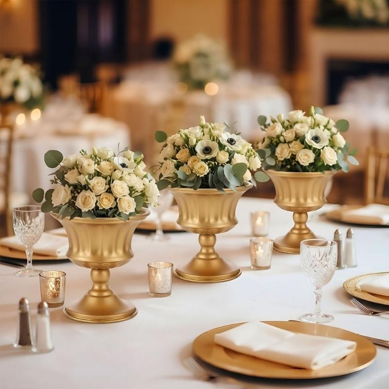 Iron Flower Urn with Fluted Detailing and Wide Raised Base for Wedding Centerpieces and Tabletop Arrangement Displays