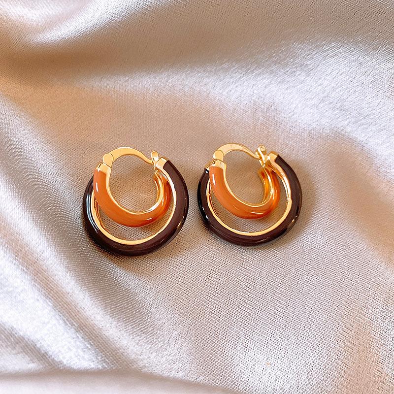 Hong Kong Style Real Gold Electroplated Leopard Print Circle Earrings Square Face Retro High-end Earrings Commuter Versatile Earrings Niche