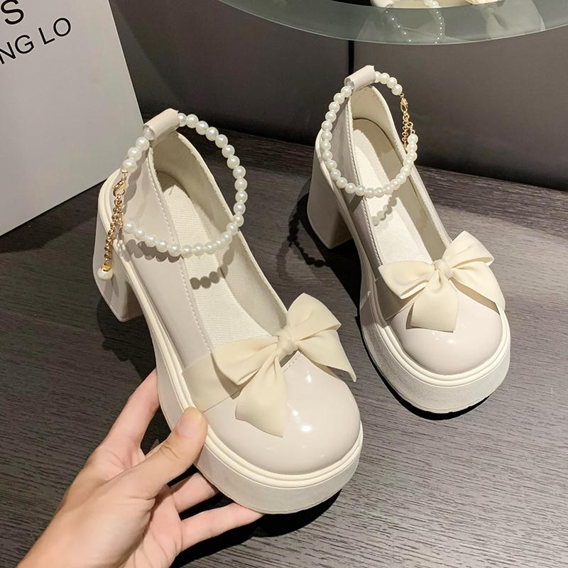 Modische Mary Jane Schuhe für Damen, neue modische High Heels mit Perlenschleife und kleinen Lederschuhen für Damen, einzelne Schuhe