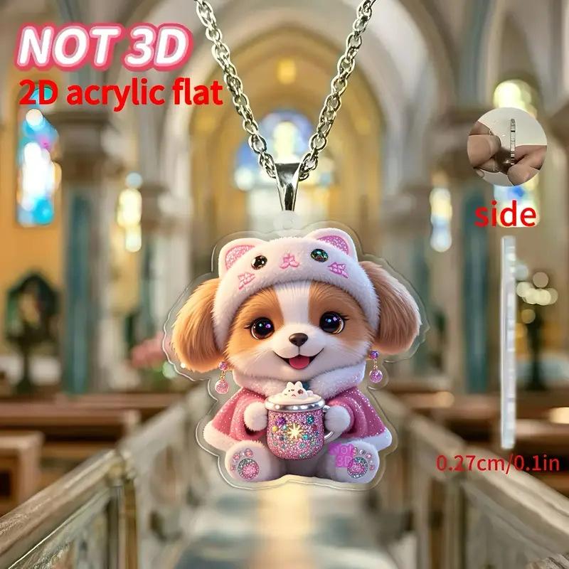 Cross-border new cartoon puppy necklace flat acrylic Christmas gift cute puppy holding cup necklace