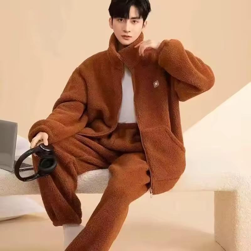 

Зимняя мужская пижама из кораллового флиса, удобная, повседневная, для дома, утолщенная, на молнии, термокардиган, пижамные наборы из 2 предметов M коричневый