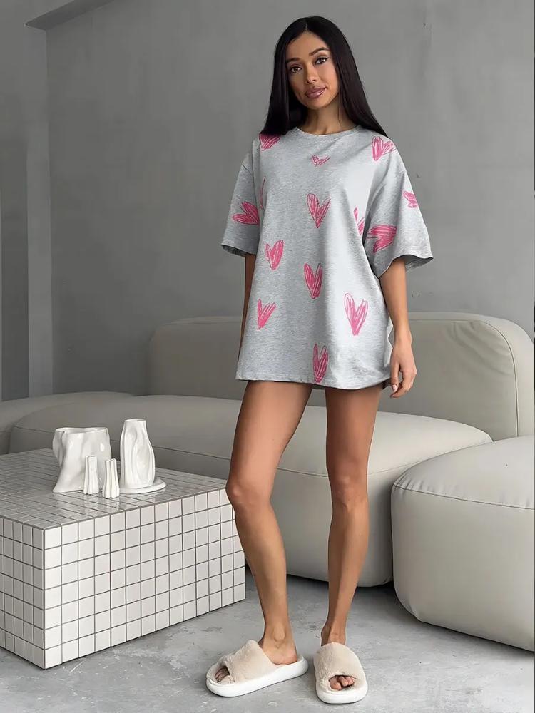 Maglietta casual da donna con scollo a V e stampa a cuore, estiva, a maniche corte, in cotone, da donna, basic, magliette, abbigliamento da donna