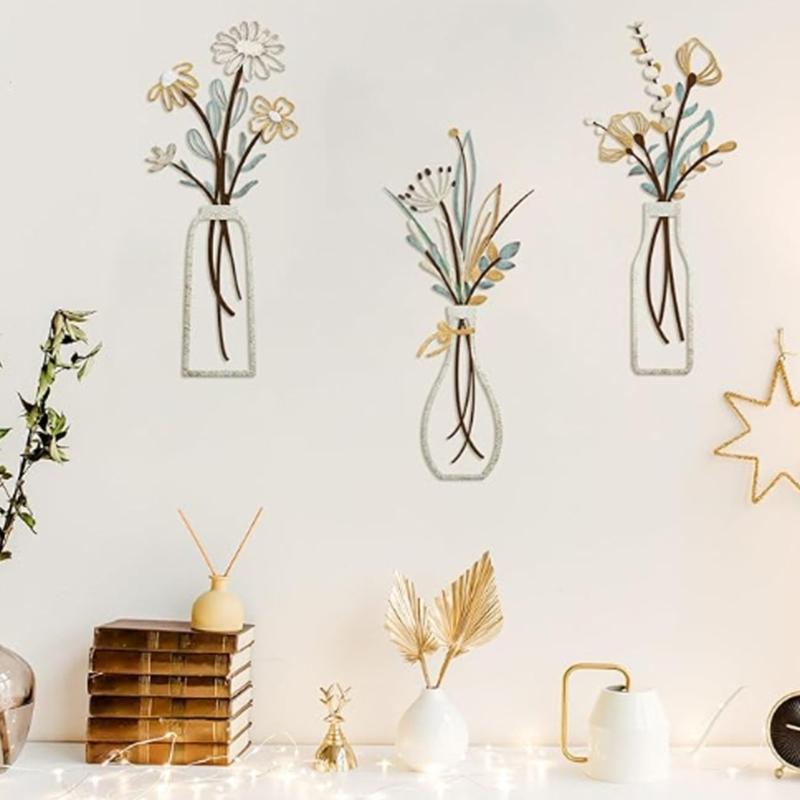Set of 3 Metal Floral Wall Hangings Minimalists Flower Vases Line Art Wall Decors Sculptures for Living Room and Bedroom