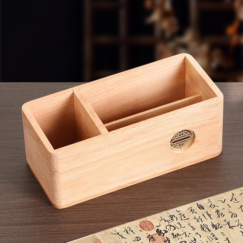Solid Wood Pen Holder Gift Box, Retro Chinese Style Desktop Organizer
