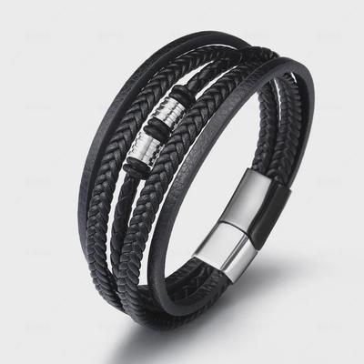 Mehrschichtiges Herrenarmband aus Edelstahl und Leder im europäischen und amerikanischen Stil
