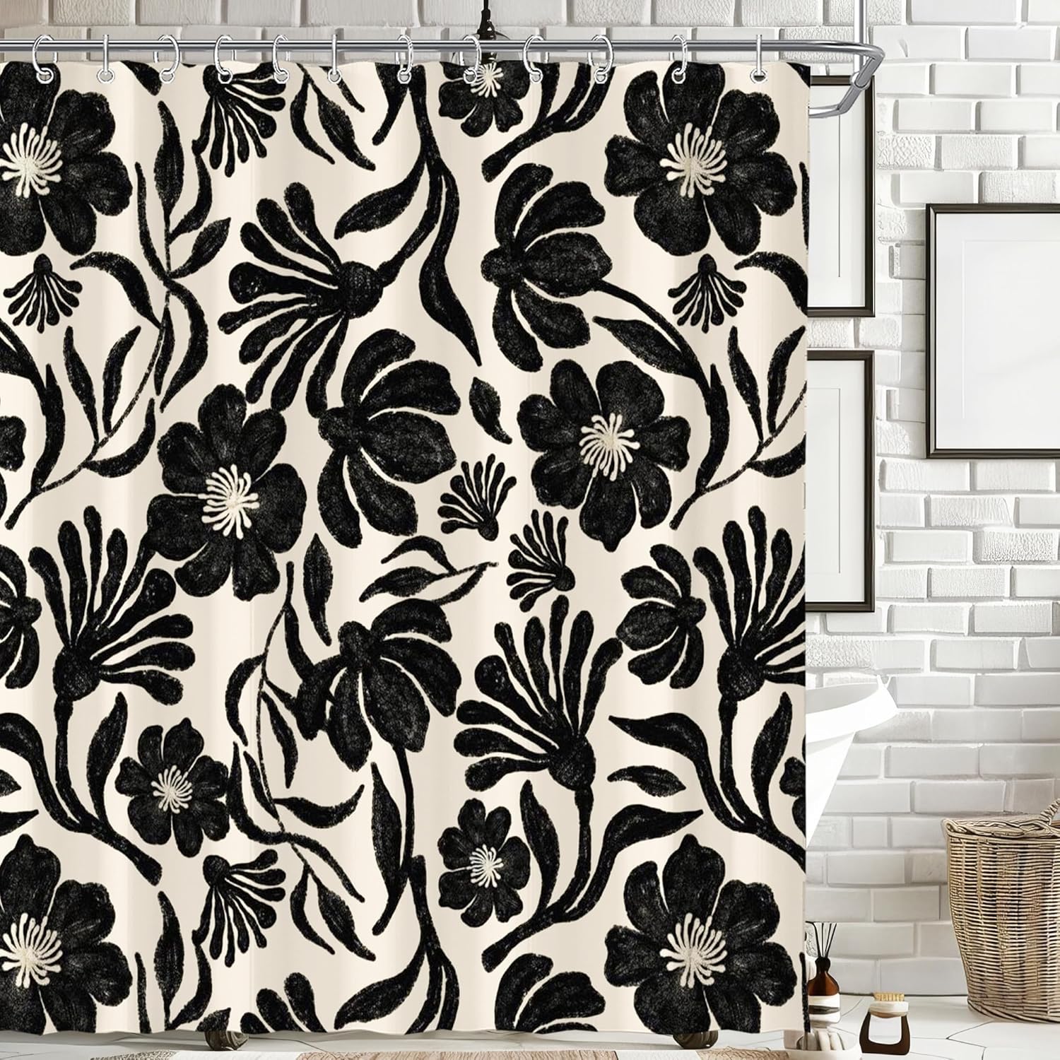 

Black White Floral Shower Curtain Bold Pattern Bathroom Decor Modern Art Design Botanical Style Elegant Look Bath Accessory W60H190(CM)-1 Pcs