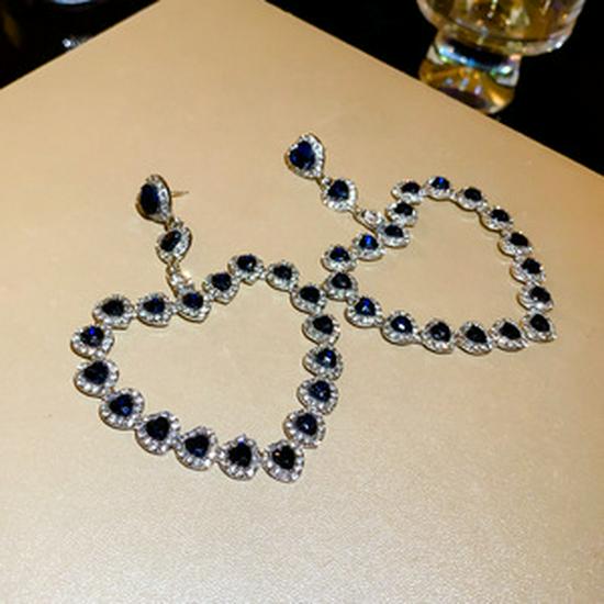 Silver Needle Exaggerated Heart Earrings with Hollow Diamond Design - Luxury European & American Style for Women