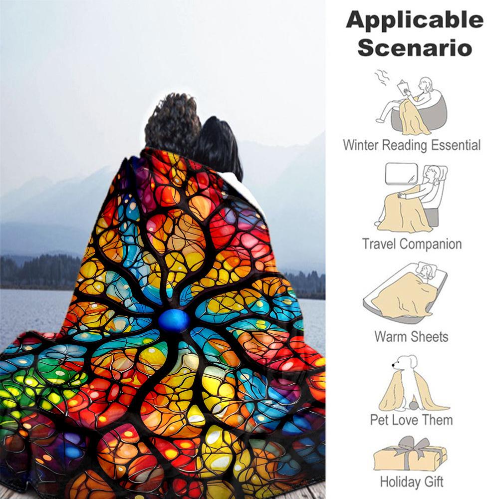 1PC Tree of Life Stained GlassOutdoor Flannel Blanket - Soft Plush Decor for Picnics, camping, Bedroom, Playroom, Office, or Lunch Break 1325A
