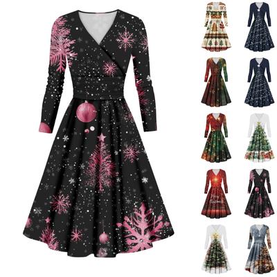 Women's Casual And Fashionable Christmas Printed Long Sleeved V-neck Sexy Dress