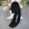 Womens Lace-Trimmed Denim Collar Long Sleeve Shirt High-Waisted Wide-Leg Pants Set Casual Chic Outfit Fall 2025