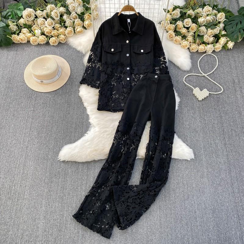 Womens Lace-Trimmed Denim Collar Long Sleeve Shirt High-Waisted Wide-Leg Pants Set Casual Chic Outfit Fall 2025