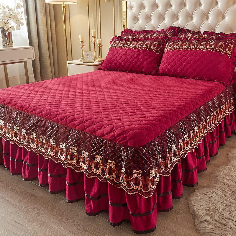 3-teiliges gestepptes Bettvolant-Set Prinzessin Spitze Verdickte Bettdecke, Yamame Rutschfeste Bettdecke Schutzhülle Bettwäsche Vier Jahreszeiten