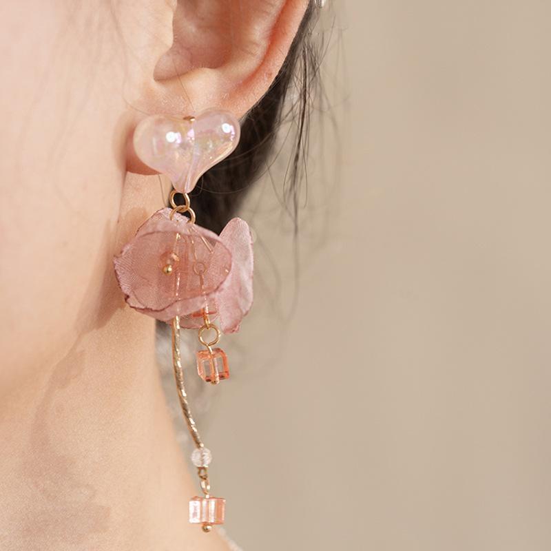 Chiffon flower resin love fringed earrings fashion stud earrings light luxury high sense sweet temperament earrings