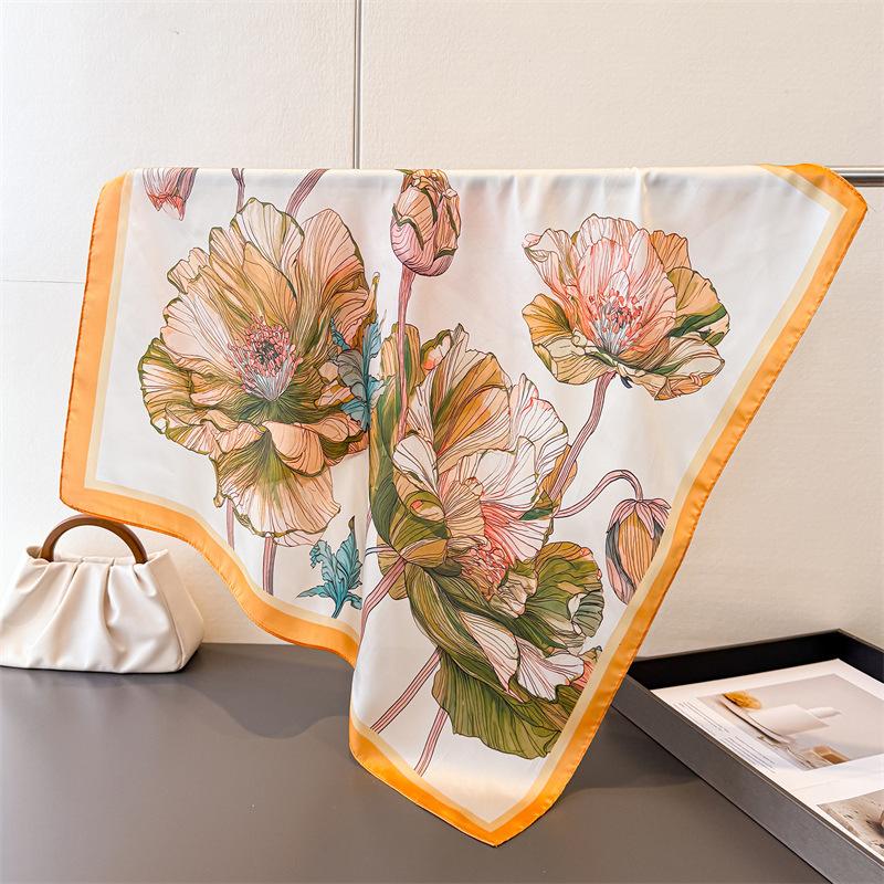 Flower Print 70Cm Square Silk Women's Scarf Spring Summer Beach Satin Scarves Shawl Headband Bandana Hijab Wrap Lady Neckerchief
