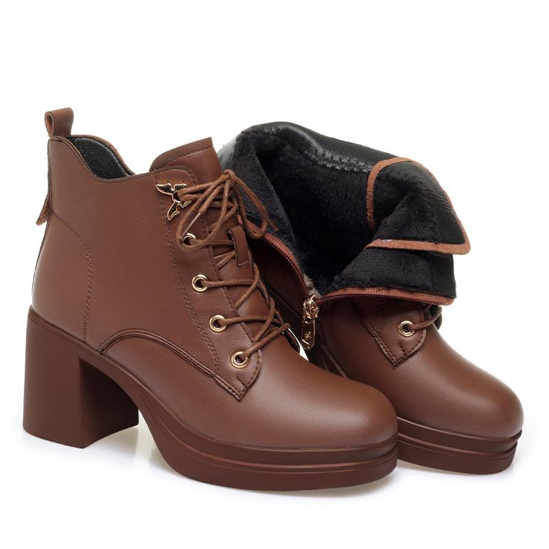 Otoño Invierno Más Terciopelo Zapatillas Casuales Tacón Grueso Mujer Tobillo Plataforma Botas de Cuero Cálidas Antideslizantes Bota de Motocicleta