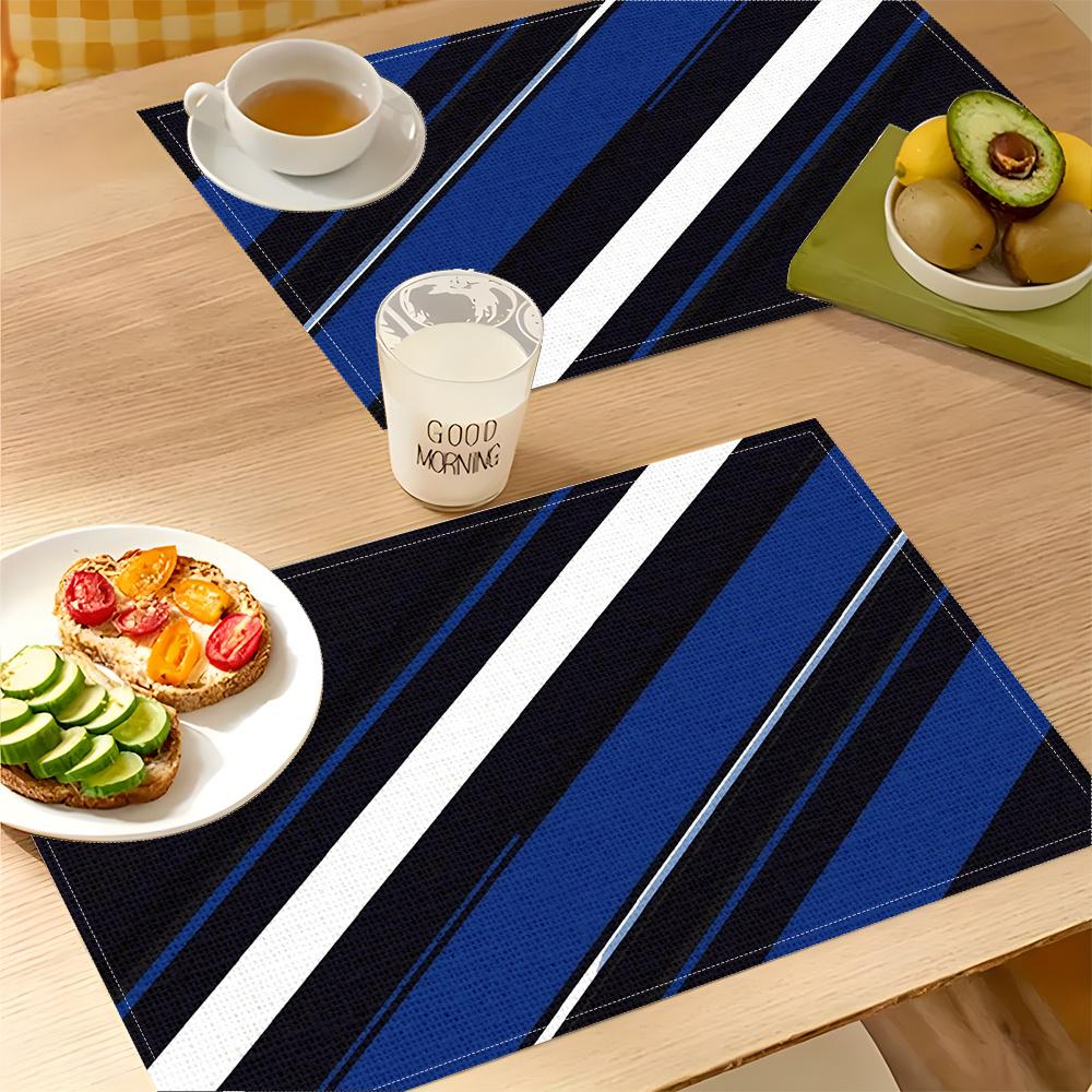 4pcs 2D FLAT Digital Print Placemats, Blue, White, and Black Diagonal Stripe Pattern Printed Placemats, to Make Your Dining Room More Beautiful,