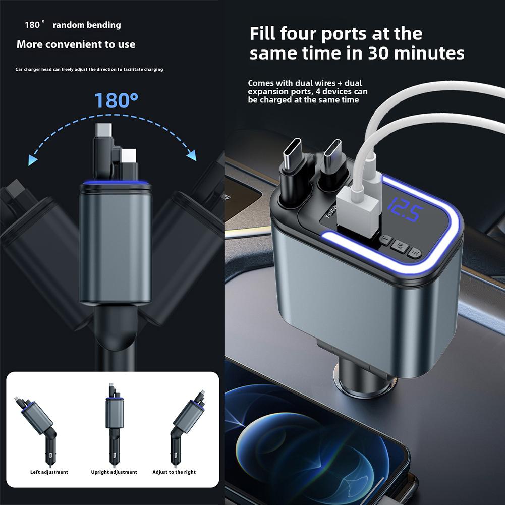 180W 5 In 1 Bluetooth Car Super Fast Charger Retractable With Digital Display USB PD Type C Cable Fast Charging Adapter