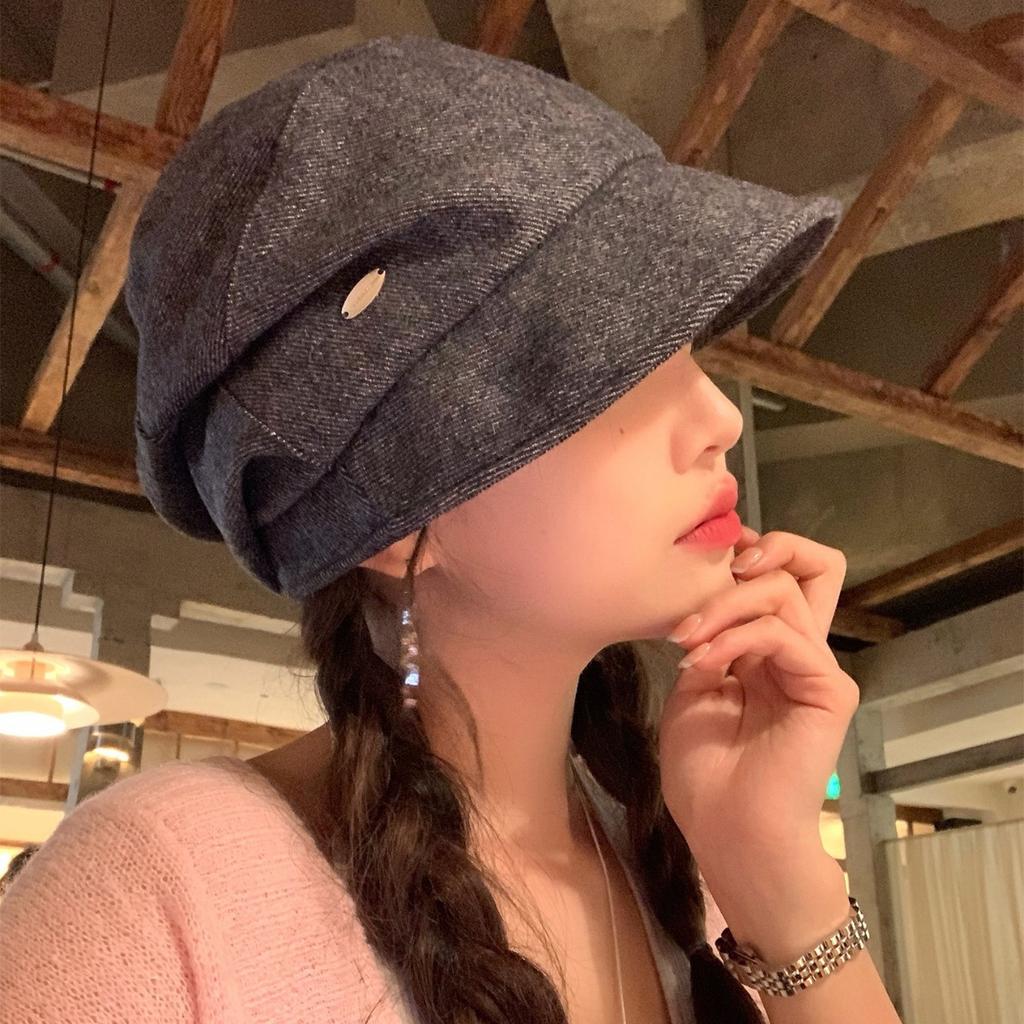 Retro Plissee Baskenmütze Damen Herbst und Winter Vielseitige Schiebermütze Zeigt Gesicht Klein Achteckige Malermütze