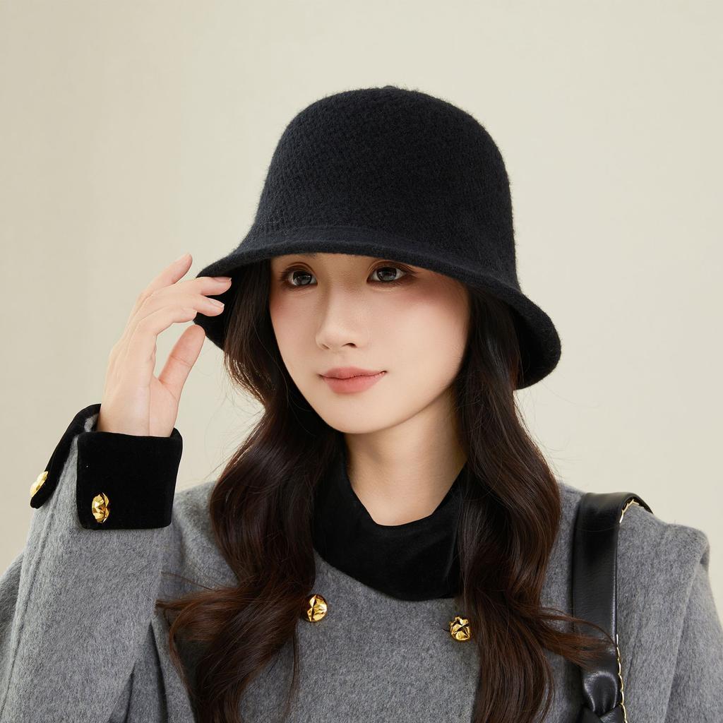 Fashion Bucket Hat Women'S Spring And Autumn Winter Solid Color Knitted Wool Bucket Hat Cover Face Tide Japanese