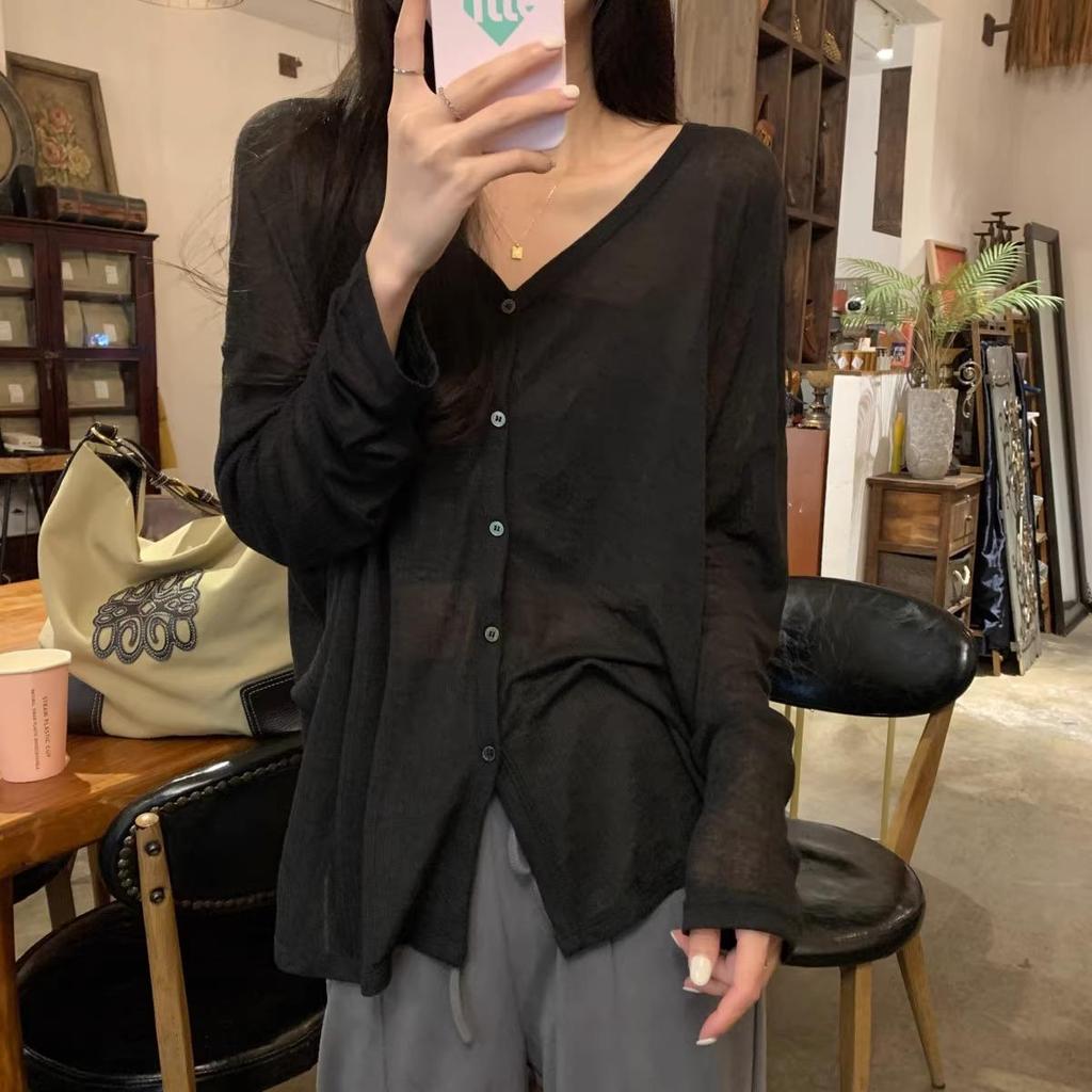 Damen Sommer Langarm Leicht Locker Atmungsaktiv Oberteil Leicht Durchsichtig Sonnenschutz Strickjacke