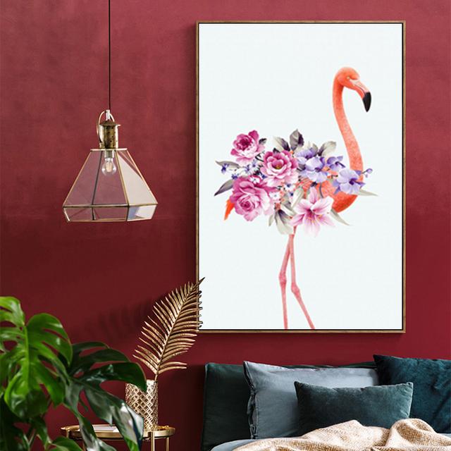 Cadru din lemn masiv Animal nordic Modern Pink Flamingo Pictură pe pânză Postere și imprimeuri Poze de artă de perete pentru sufragerie Decorare interioară a casei