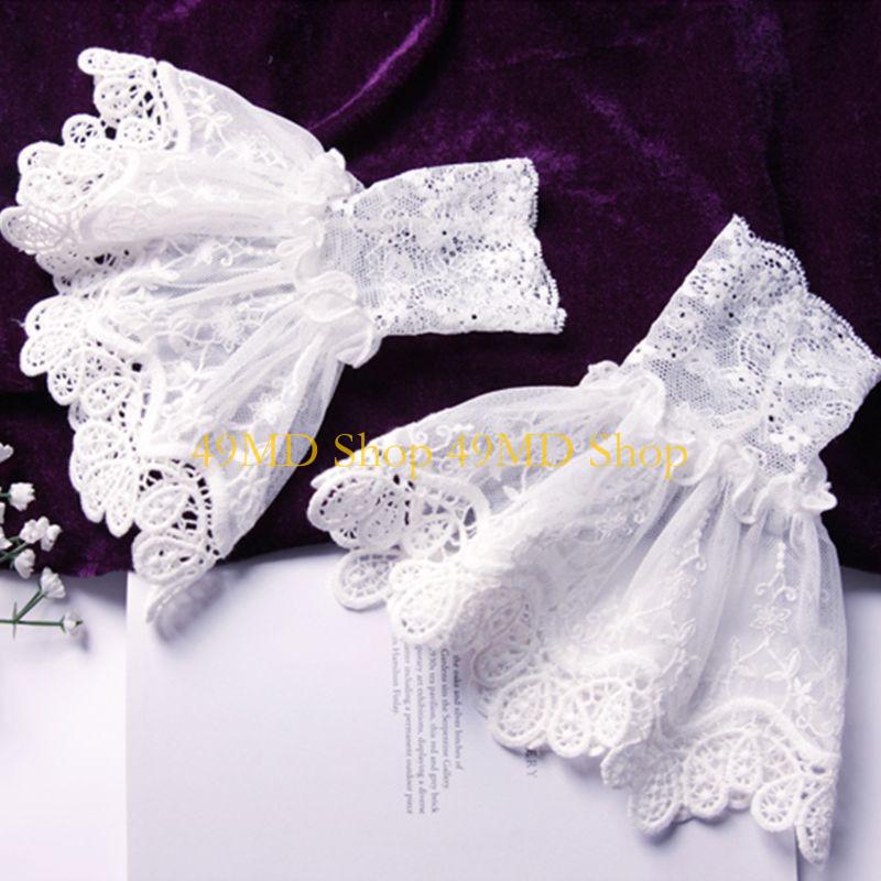 49MD Female Sweater Fake Sleeves Hollow Crochet Lace Horn Cuffs Wrist Warmers for One Size белый