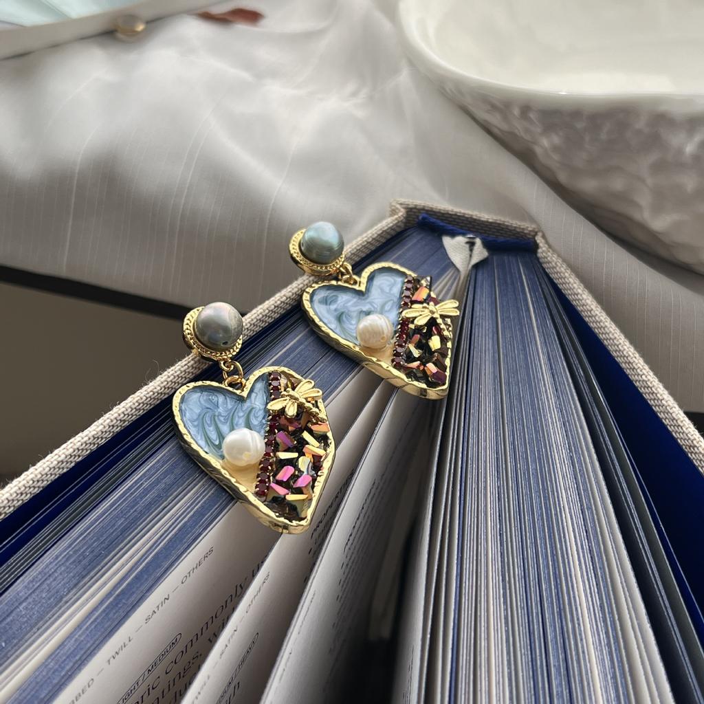 Naturperlen-Ölgemälde Liebesohrringe Damen Retro Persönlichkeit Hofstil Französische Stecker Ohrringe Übertriebene Nationalstil Temperament Ohrringe