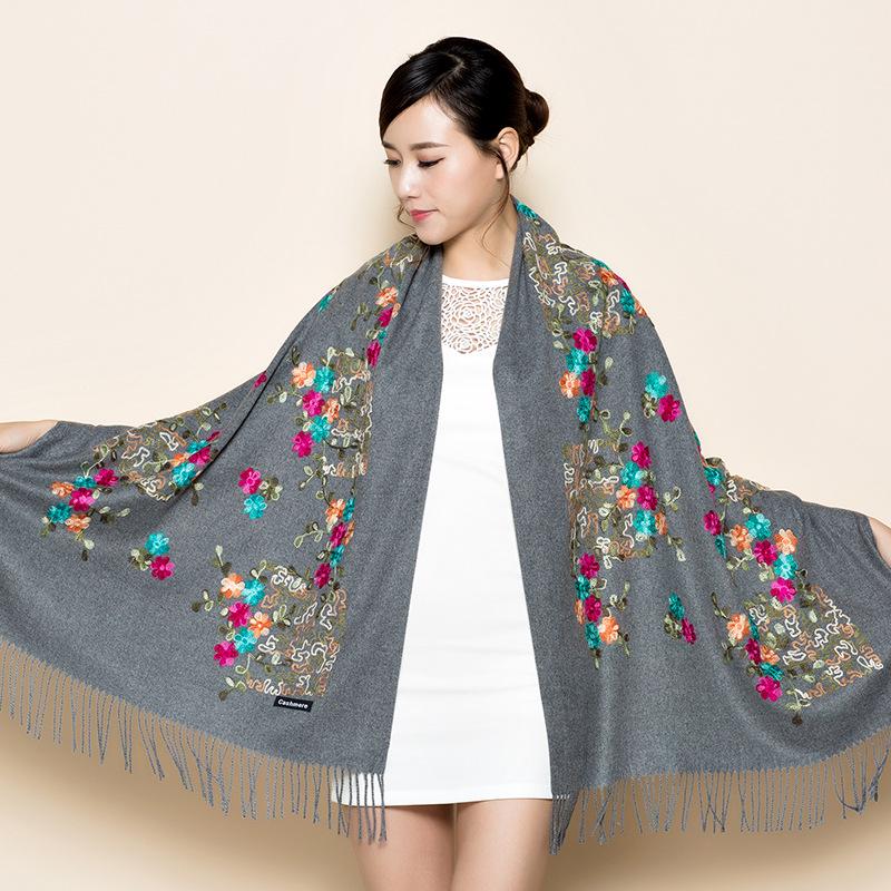 300g Faux Cashmere Embroidered Plum Blossom Scarf, Women's Ethnic Travel Wrap - Warm New Year Holiday Shawl