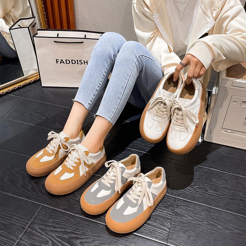 Cowhide Feeling Spot Thick-soled Heightening German Training Shoes Board Shoes Color Matching Students Versatile Casual Sports Shoes Retro Little 