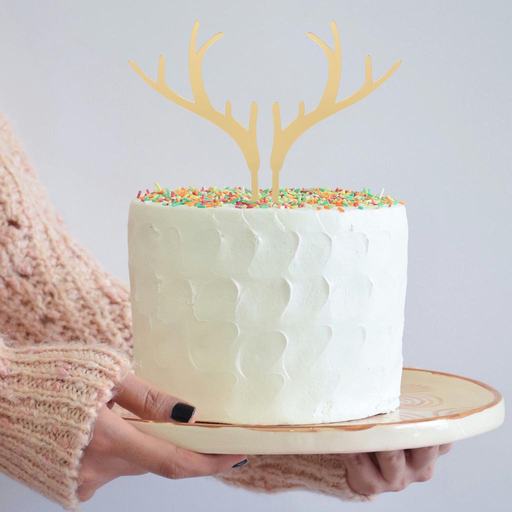 Christmas Antlers Shape Cake Topper Acrylic Dessert Decor For Holiday Party Shower Birthday Muffin Decoration Silver