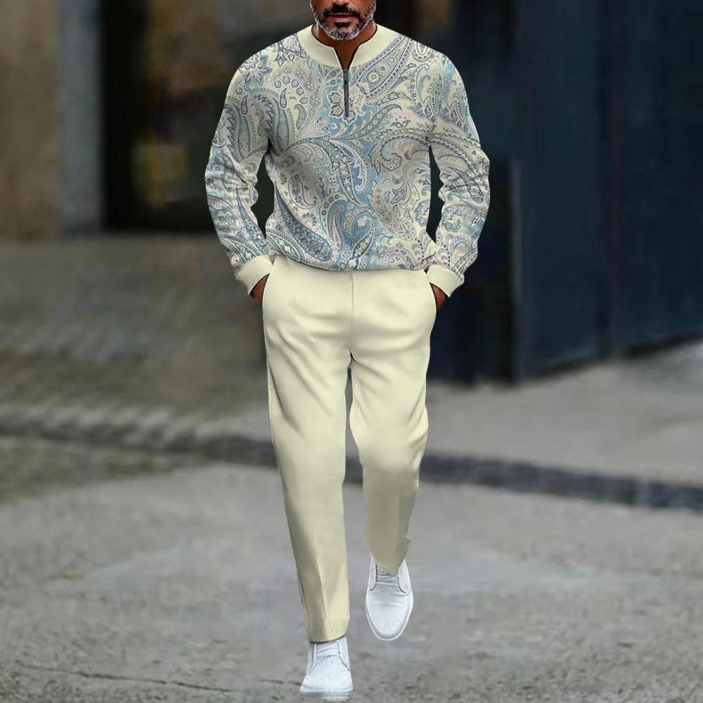 Spring Autumn 3D Printed Fashion Men's Long-Sleeved Sets Half-Zipper Stand-Up Collar Men's Casual Sportswear Two-Piece set