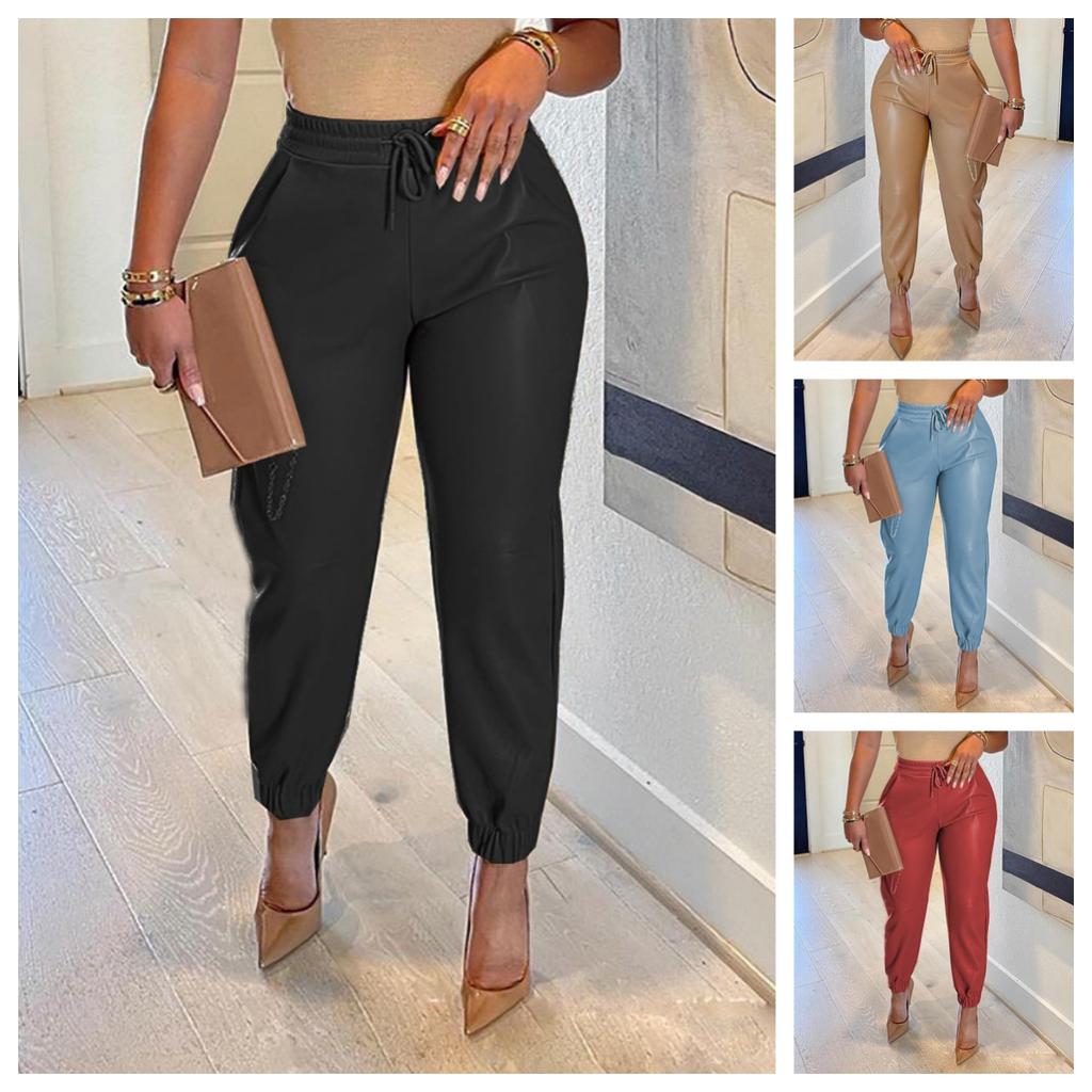2026 Women's Fashion PU Leather Elastic Waist Front Loop Single Button Casual Sports Pants Women's Clothing Women's Pants