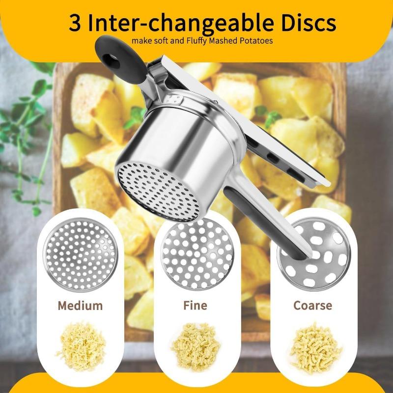 Stainless Steel Manual Potato Ricer with Silicone Grip Handle with Interchangeable Fineness Mesh Potato Masher Kitchen Gadget