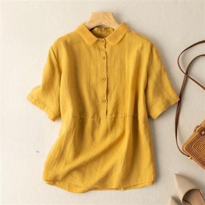 Summer Solid Color Short-sleeved Pullover Linen Shirt Women s Cotton and Linen Shirt S жёлтый