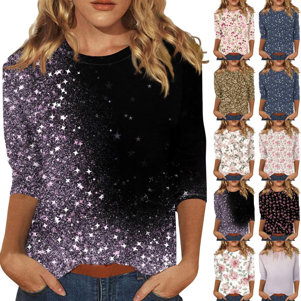Women's Fashion Casual Three-quarter Sleeve Vintage Floral Print Round Neck Top