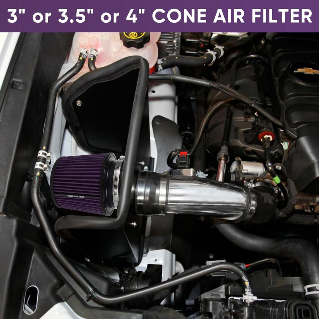 3 3.5 4 Inches Cold Air Intake Filter 76mm 89mm 101mm High Performance Washable Clamp-On Replacement Cone Air Filter 3 in 1 Size Purple