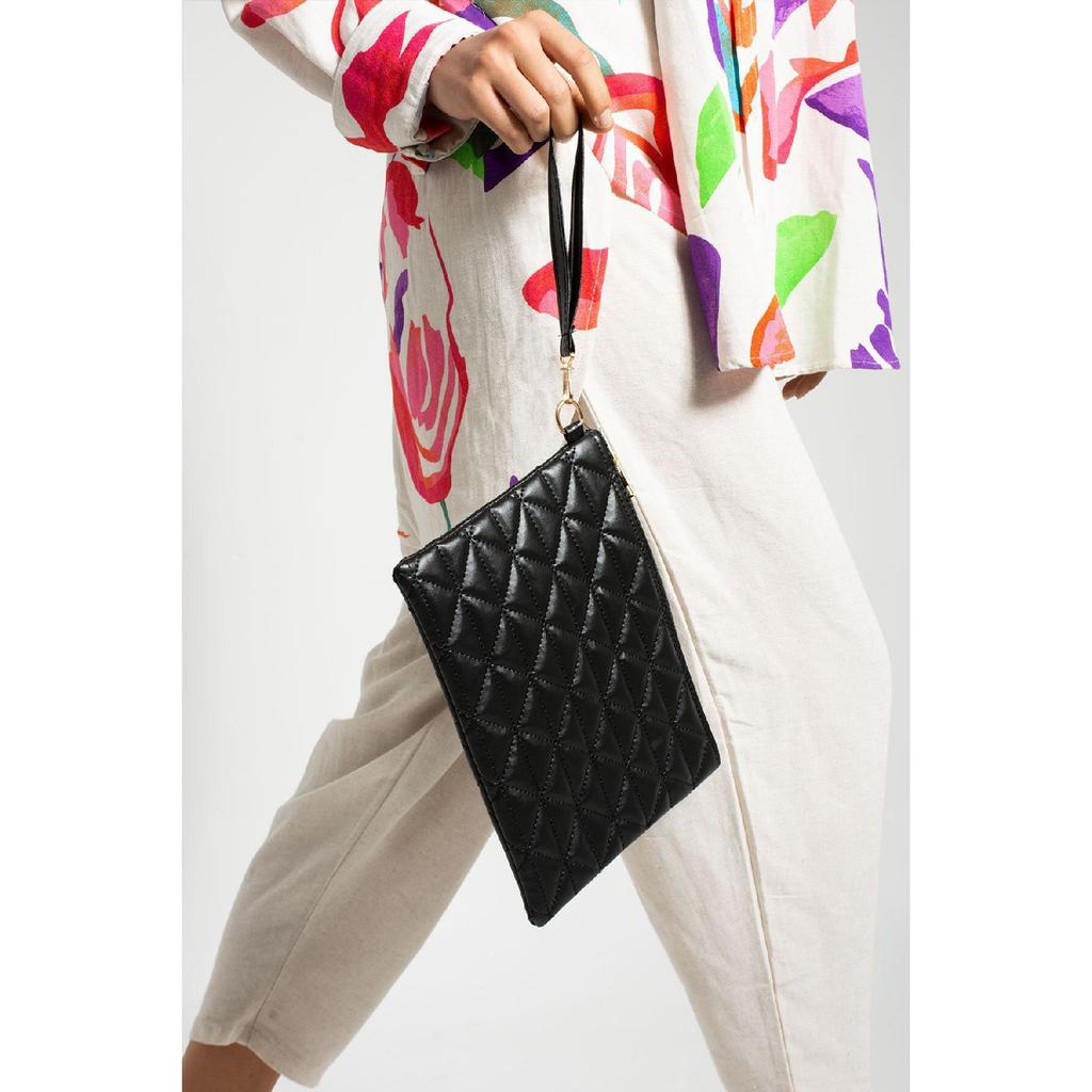 Black Patent Leather Triangle Patterned Portfolio Clutch Handbag