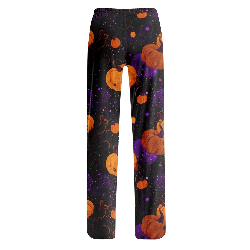 Women Drawstring Waist Halloween Print Long Pants Casual Loose Fit Trousers for Daily Home Lounge Wear