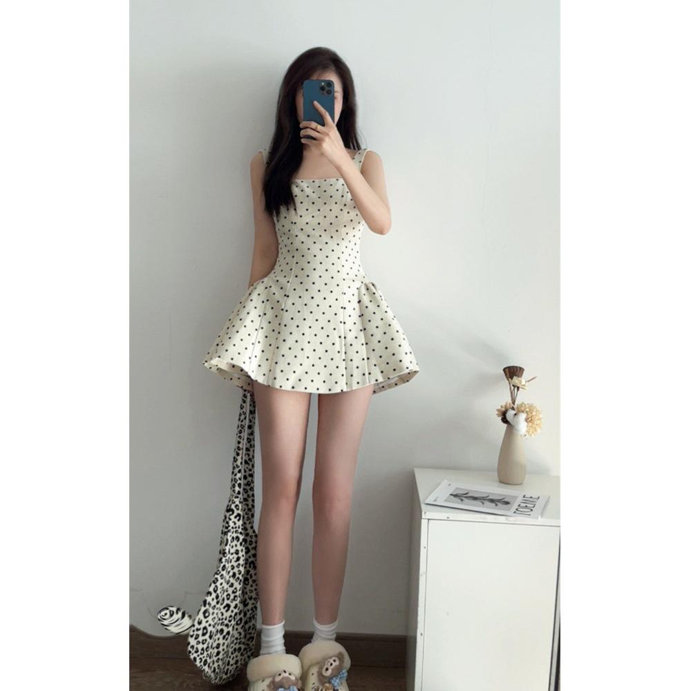 

Женское летнее платье 2025 года в французский горошек с квадратным вырезом, приталенное, на бретелях XL (55-60kg)