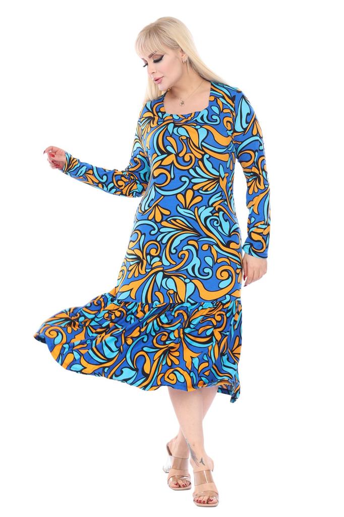Women's Big Size Dress Square Neck Long Sleeve Turquoise Patterned Plus Size Midi Dress