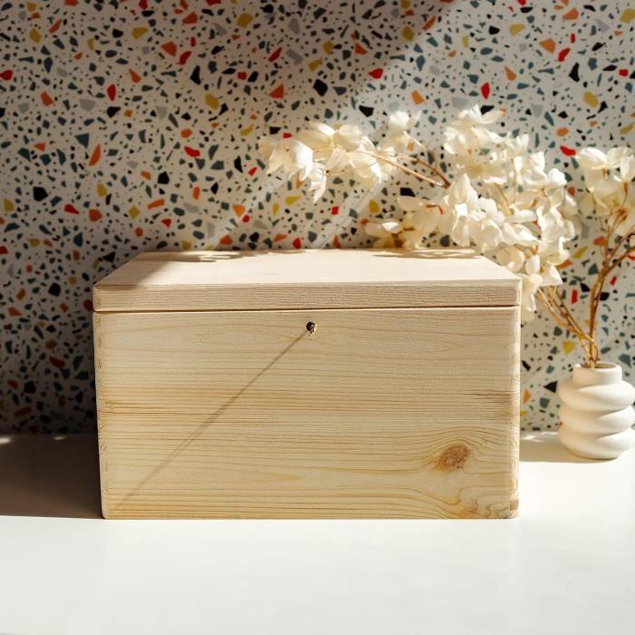 Boîte de rangement - CREATIVE DECO - Non Peint - 40 x 30 x 24 cm - Avec serrure et clé - Bois naturel