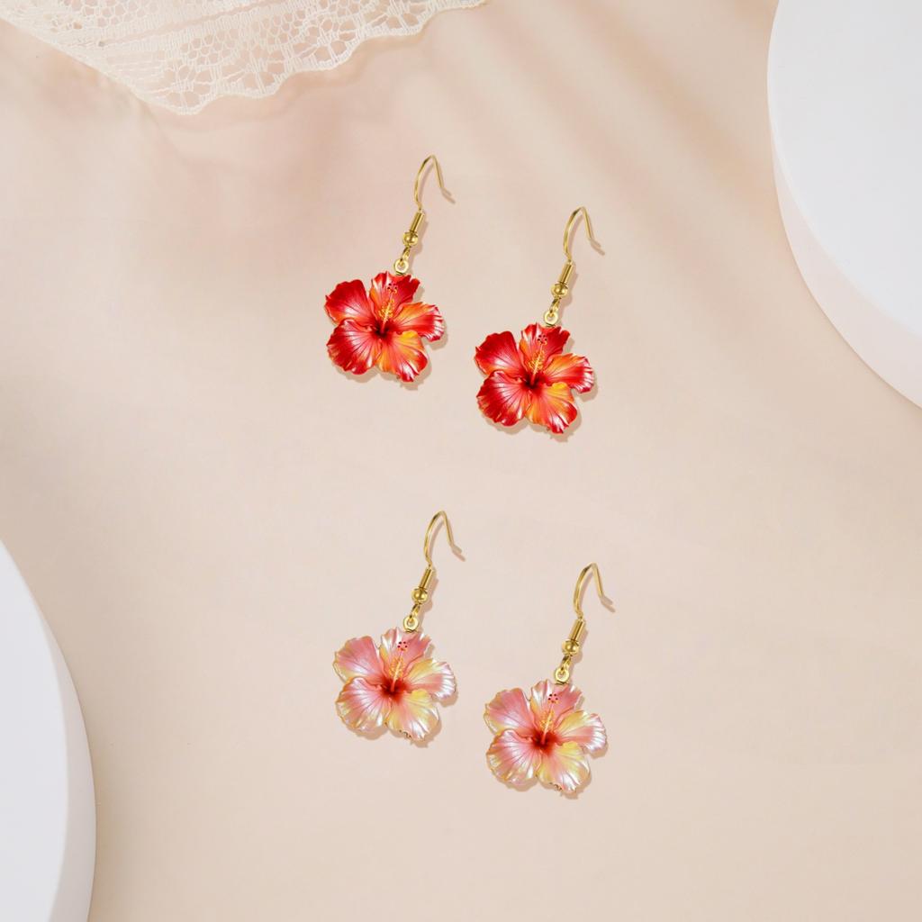 Edelstahl Rote Hibiskusblüten Ohrringe Rosa Hibiskus Hängende Ohrringe für Damen Geburtstagsgeschenk